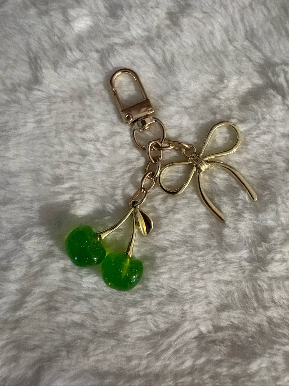 Gold Bow Keychain with Green Cherry Charm